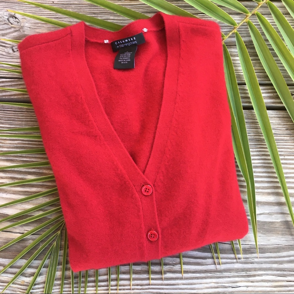 Bloomingdale’s Scarlet Red Cashmere V-Neck Cardigan Sweater Size Large